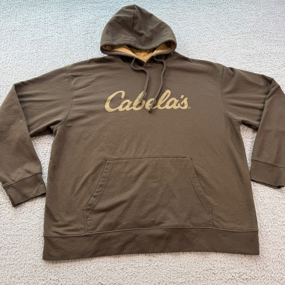 Cabelas Mens XL Brown Script Logo Pullover Hoodie Contrast Lining 624F215269 - Picture 1 of 7